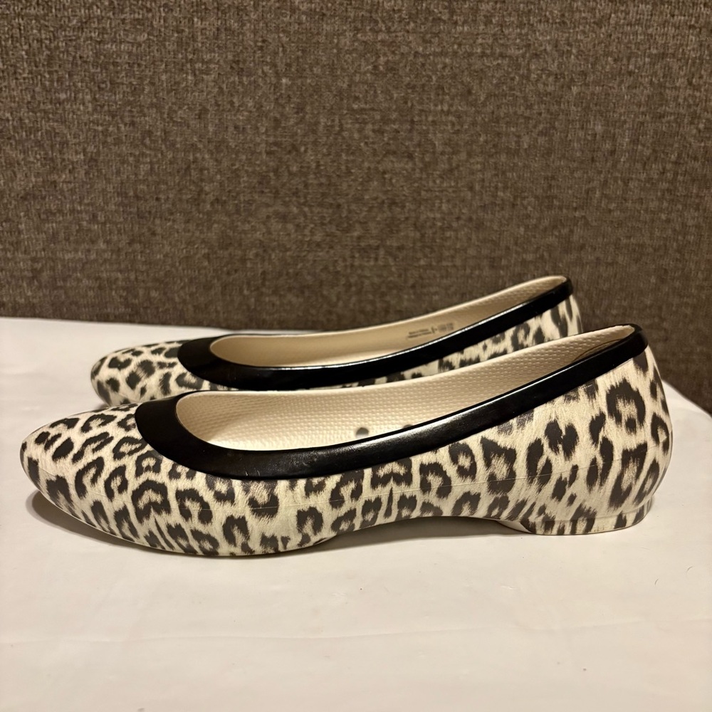 CROCS Women's Leopard Print Ballet Flats with Black Trim